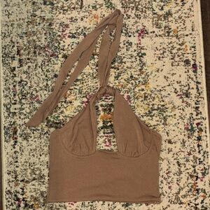 Princess Polly Tan Ribbed Halter Top